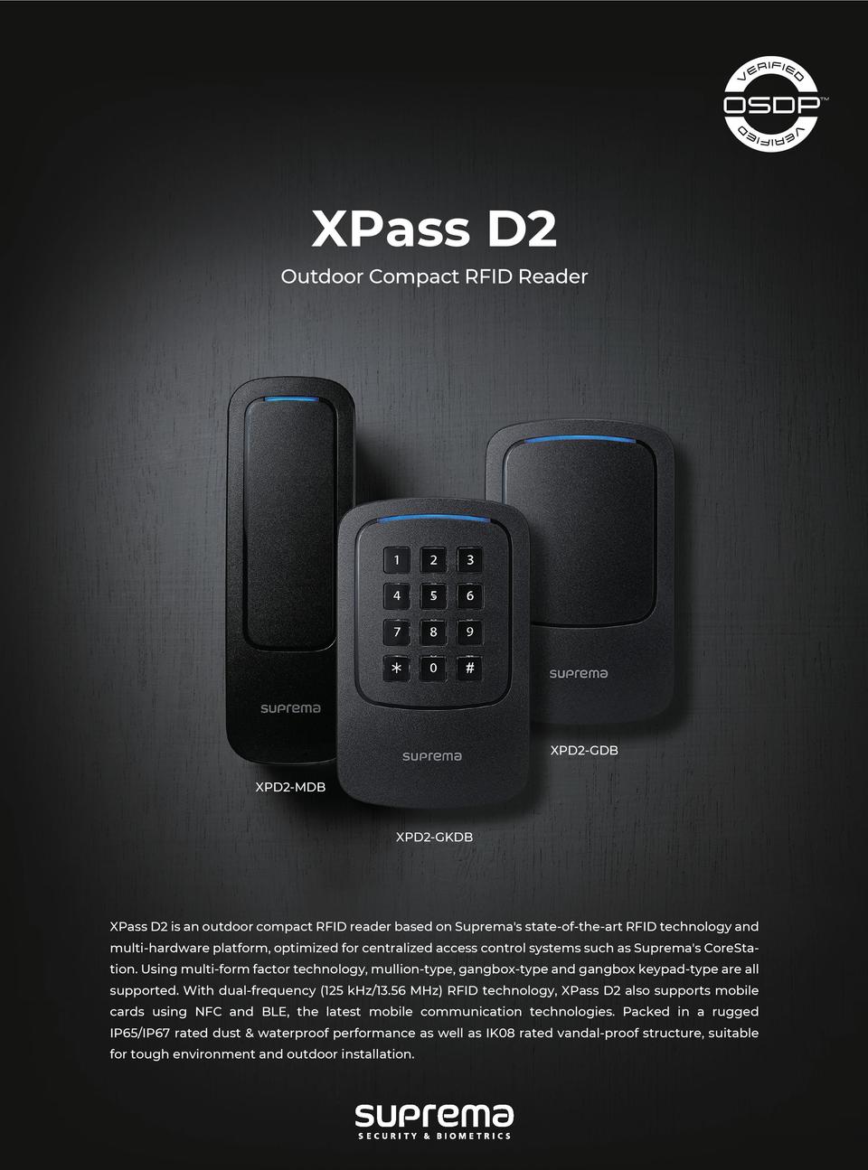 Suprema XPD2-MDPB XPass D2 Slimline Mullion RF Card Reader Dual RFID NFC BLE 0